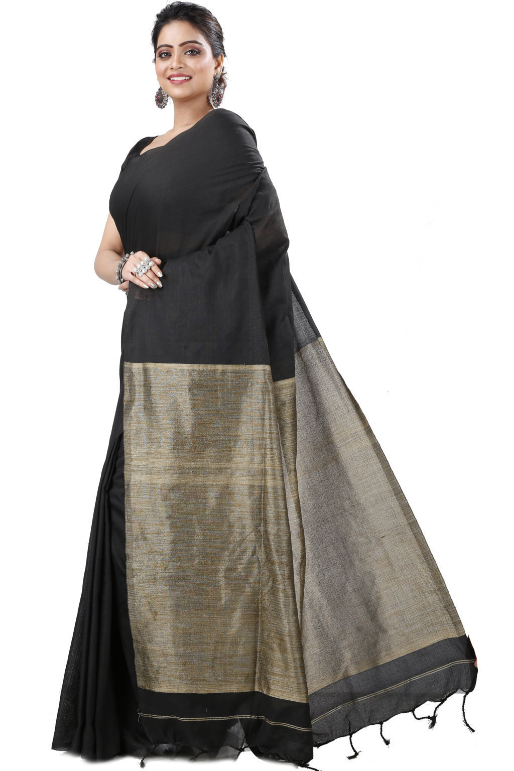 Black Pure Cotton Kesh Than Hand Loom Saree (5230)